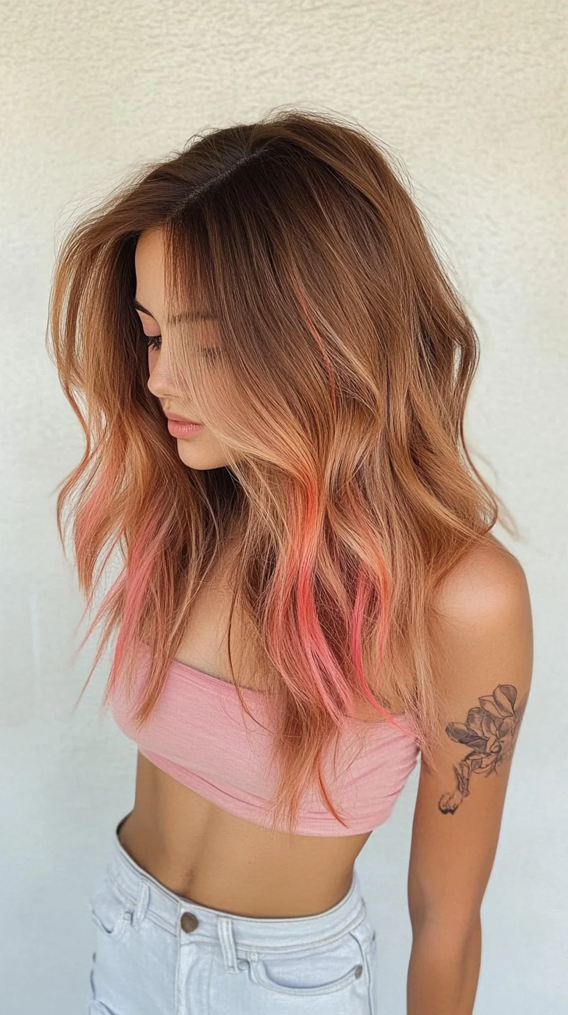 Effortlessly Chic: Wavy Lob with Trendy Pink Highlights