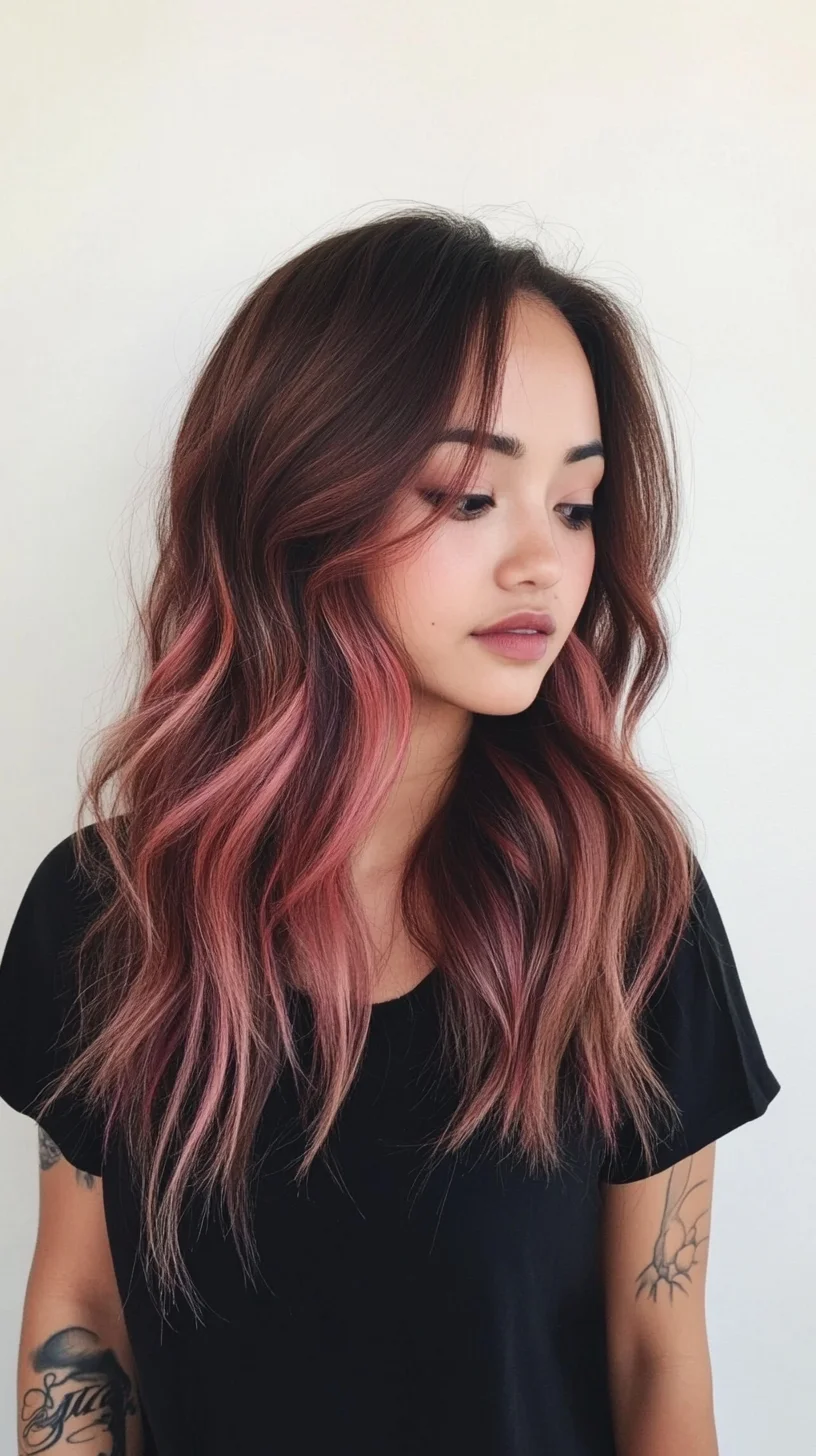 Effortlessly Chic: Wavy Locks with Playful Rose Highlights