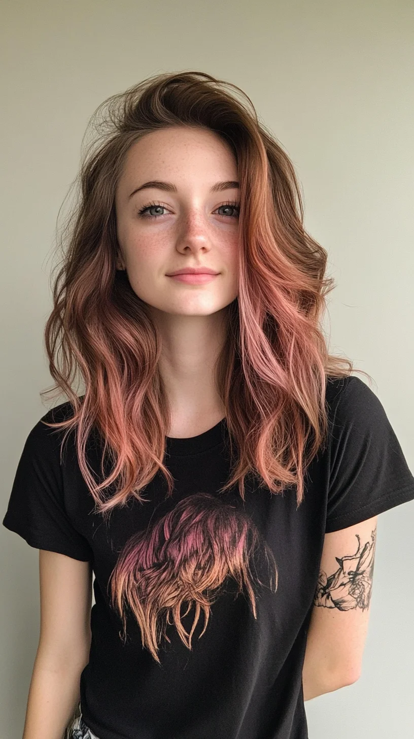 Effortlessly Chic: Wavy Shoulder-Length Hair with a Flirty Touch of Pink