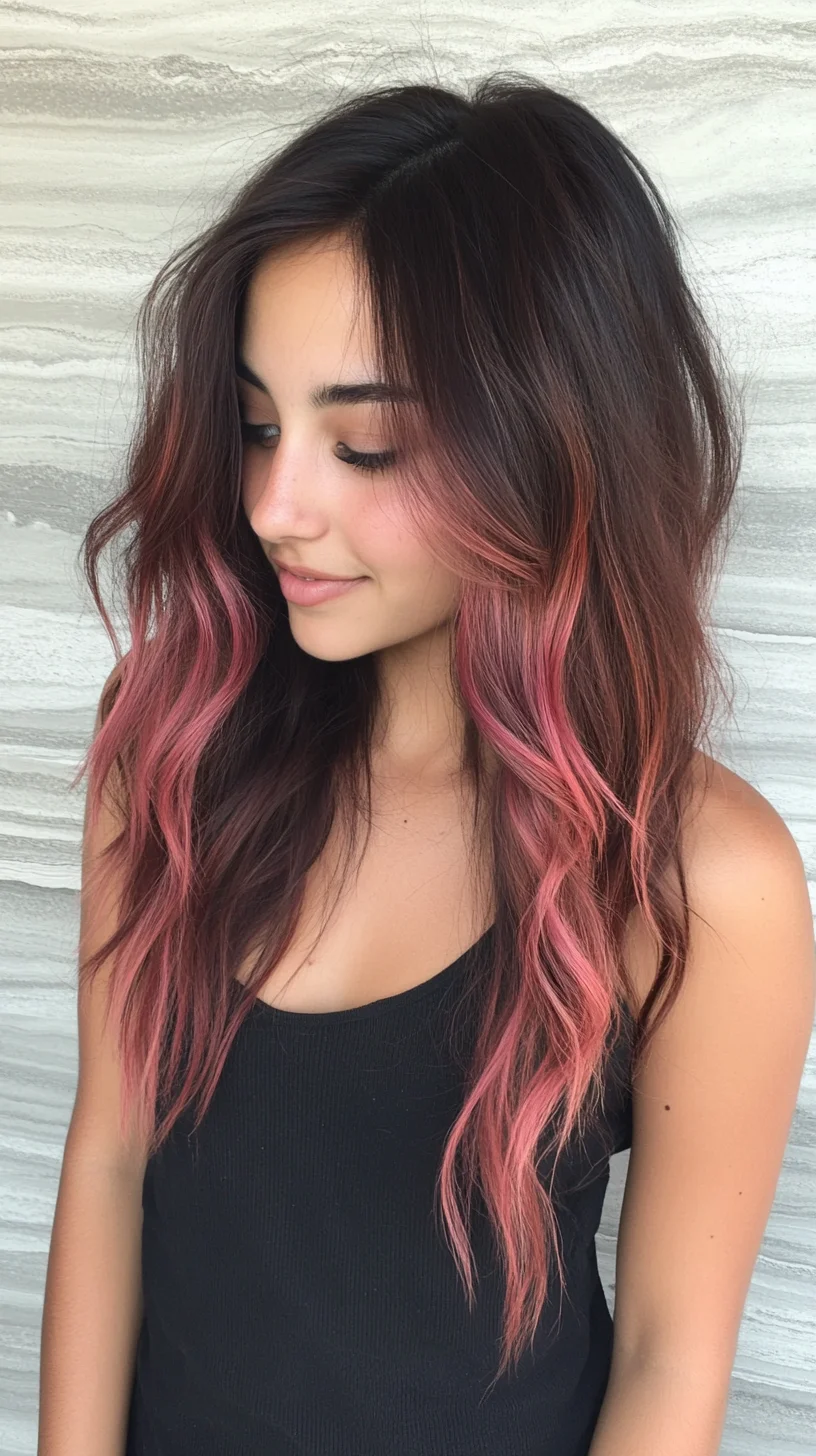 Effortlessly Chic: Wavy Tresses with a Pop of Pink