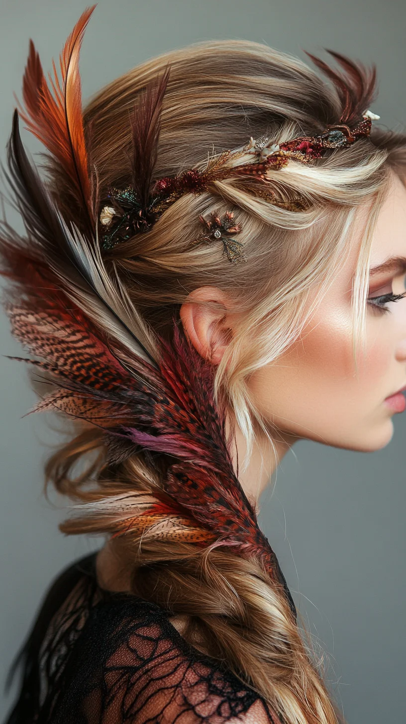 Effortlessly Elegant: A Bohemian-Inspired Hairstyle with Feather Accents