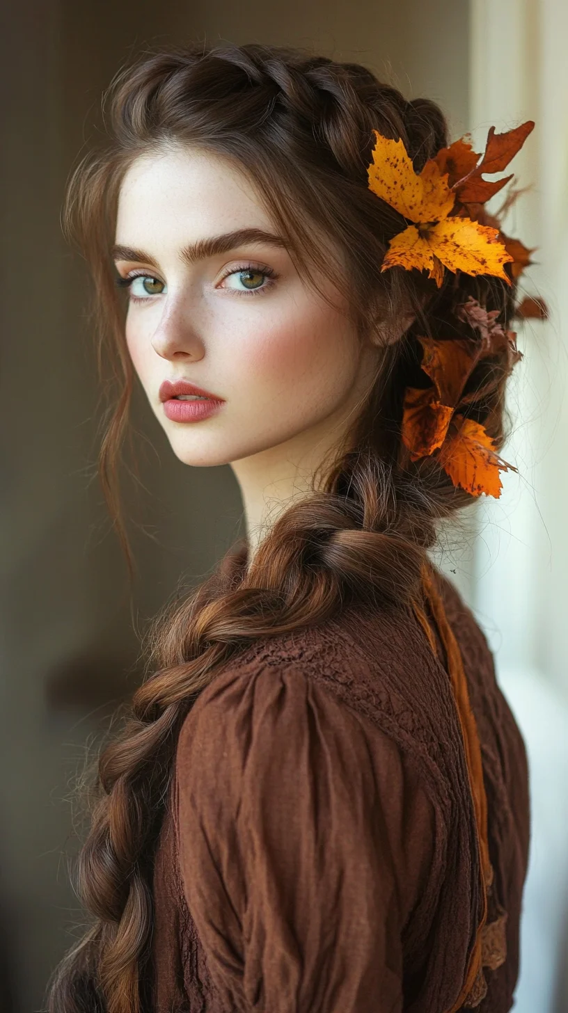 Effortlessly Elegant: The Braided Autumn-Inspired Hairdo with Leaf Accents