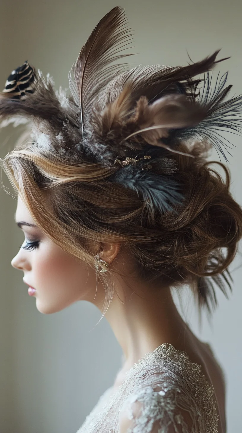 Effortlessly Elegant Updo with Dramatic Feather Accents