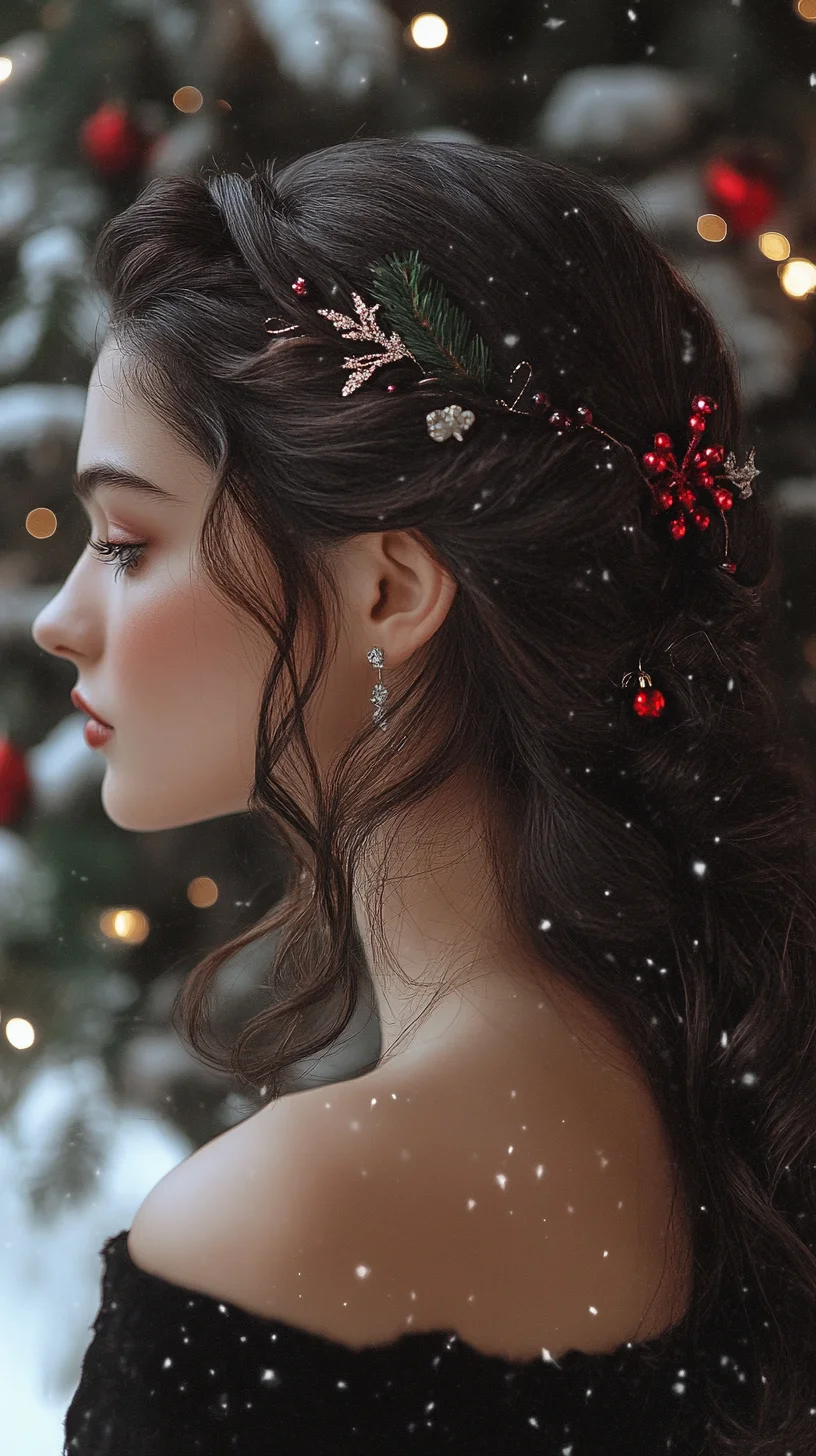 Effortlessly Elegant Winter Updo with Delicate Holiday Accents