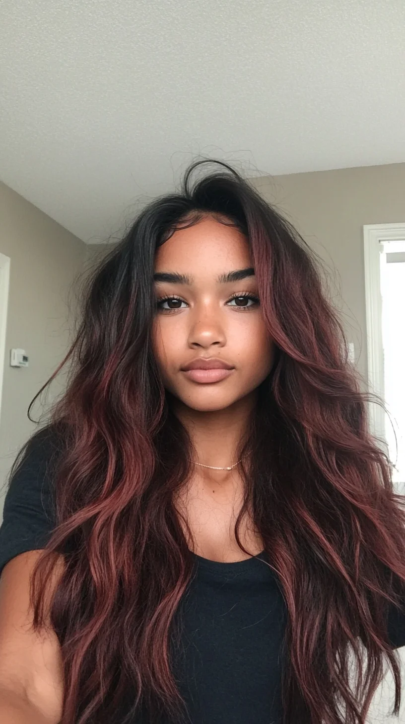 Effortlessly Glam: Voluminous Waves with Bold Burgundy Highlights