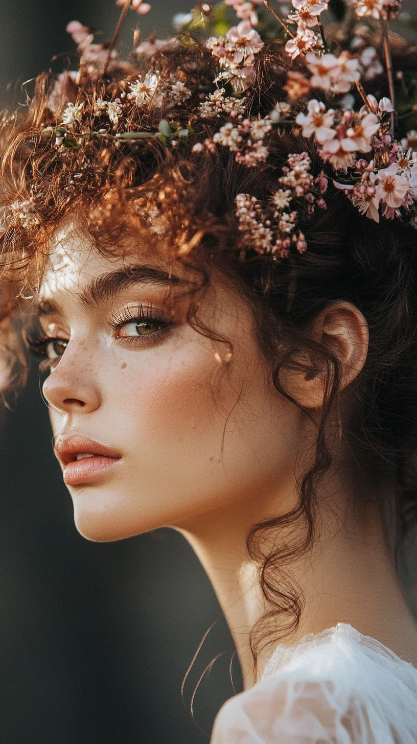 Effortlessly Romantic: The Floral Crown Curly Updo for a Boho-Chic Vibe