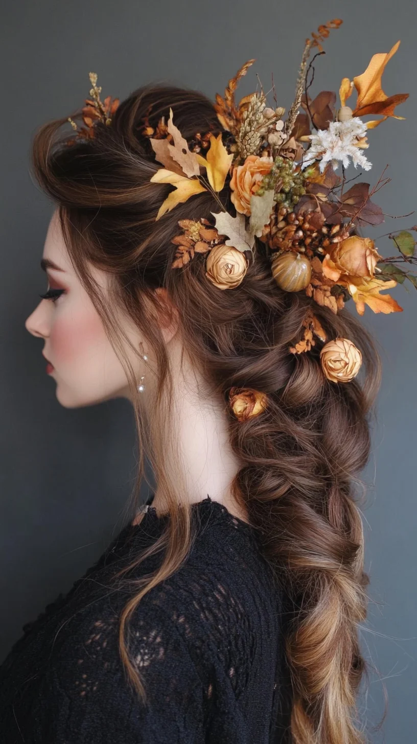 Elegant Autumn-Inspired Updo with Floral Accents