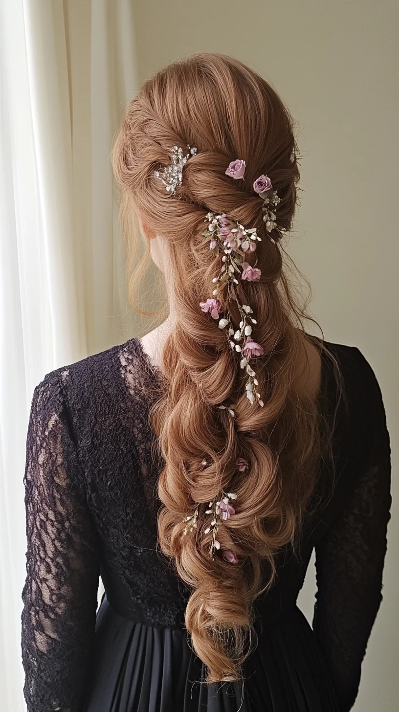 Elegant Braided Updo with Floral Accents for a Romantic Look