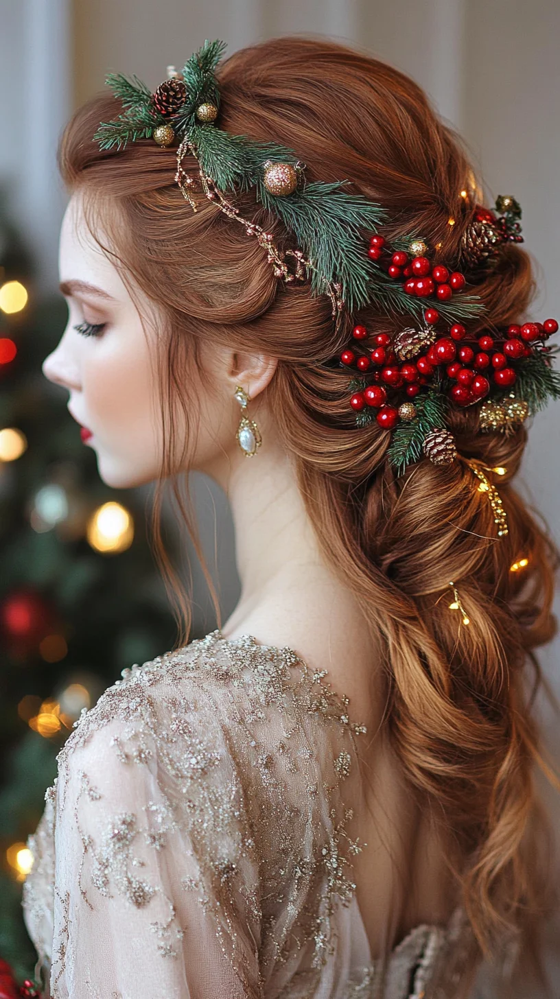 Elegant Holiday Updo with Festive Floral Accents