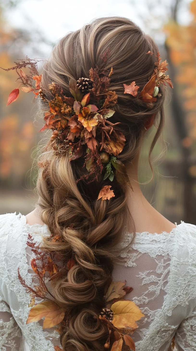 Embrace Autumn Elegance: A Romantic Braided Hairstyle Adorned with Nature's Touch