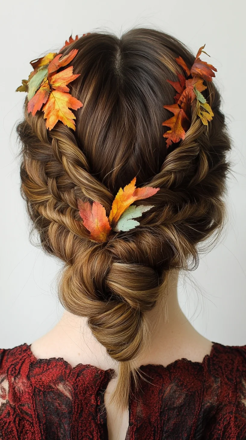 Embrace Autumn Vibes with a Twisted Braided Updo Adorned with Leaves