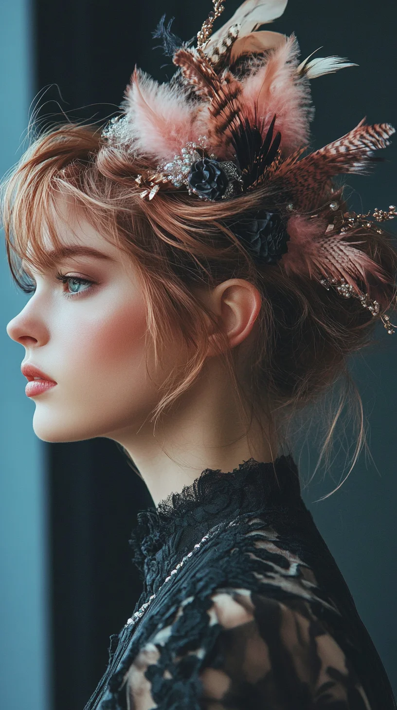 Embrace Elegance: The Floral and Feathered Updo for a Whimsical Look