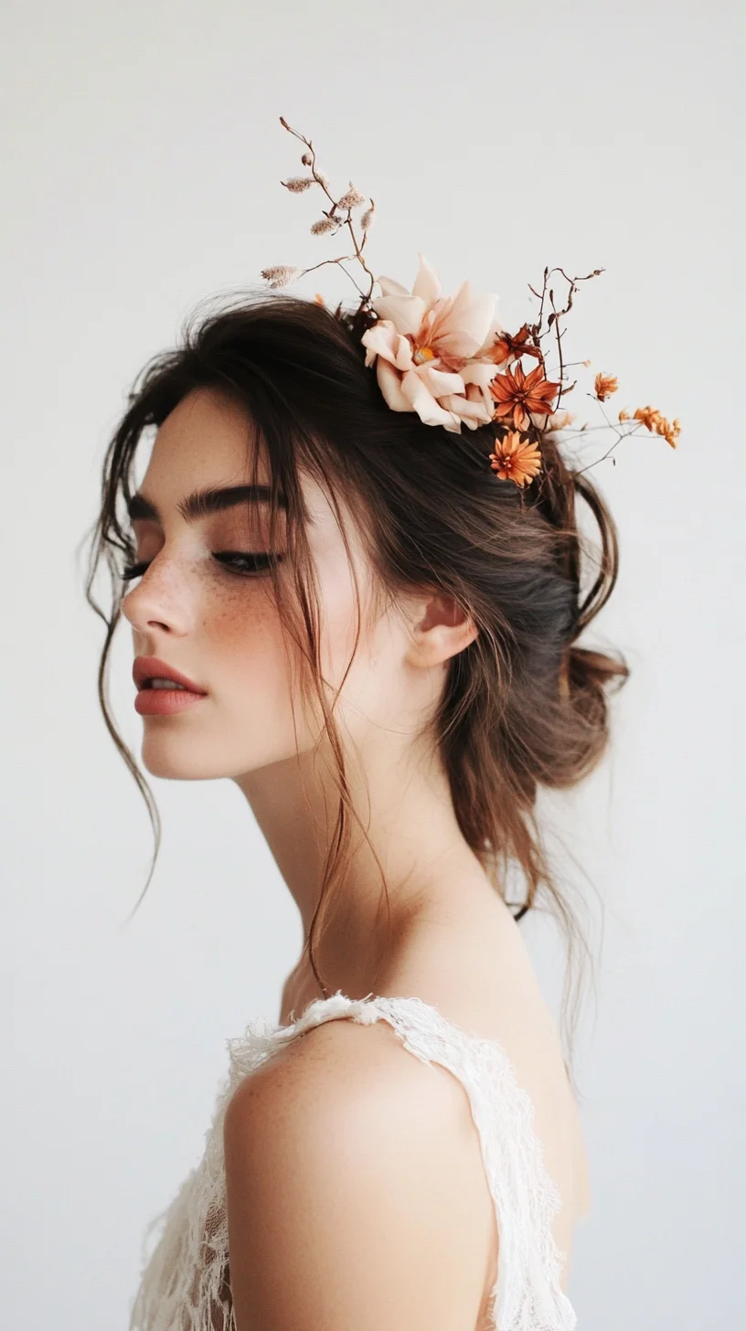 Enchanting Bohemian Updo: Effortless Elegance with Floral Accents