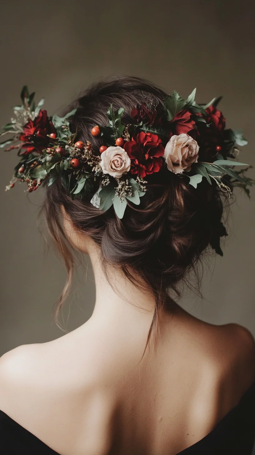 Enchanting Boho Updo with Floral Crown: A Dreamy, Romantic Look