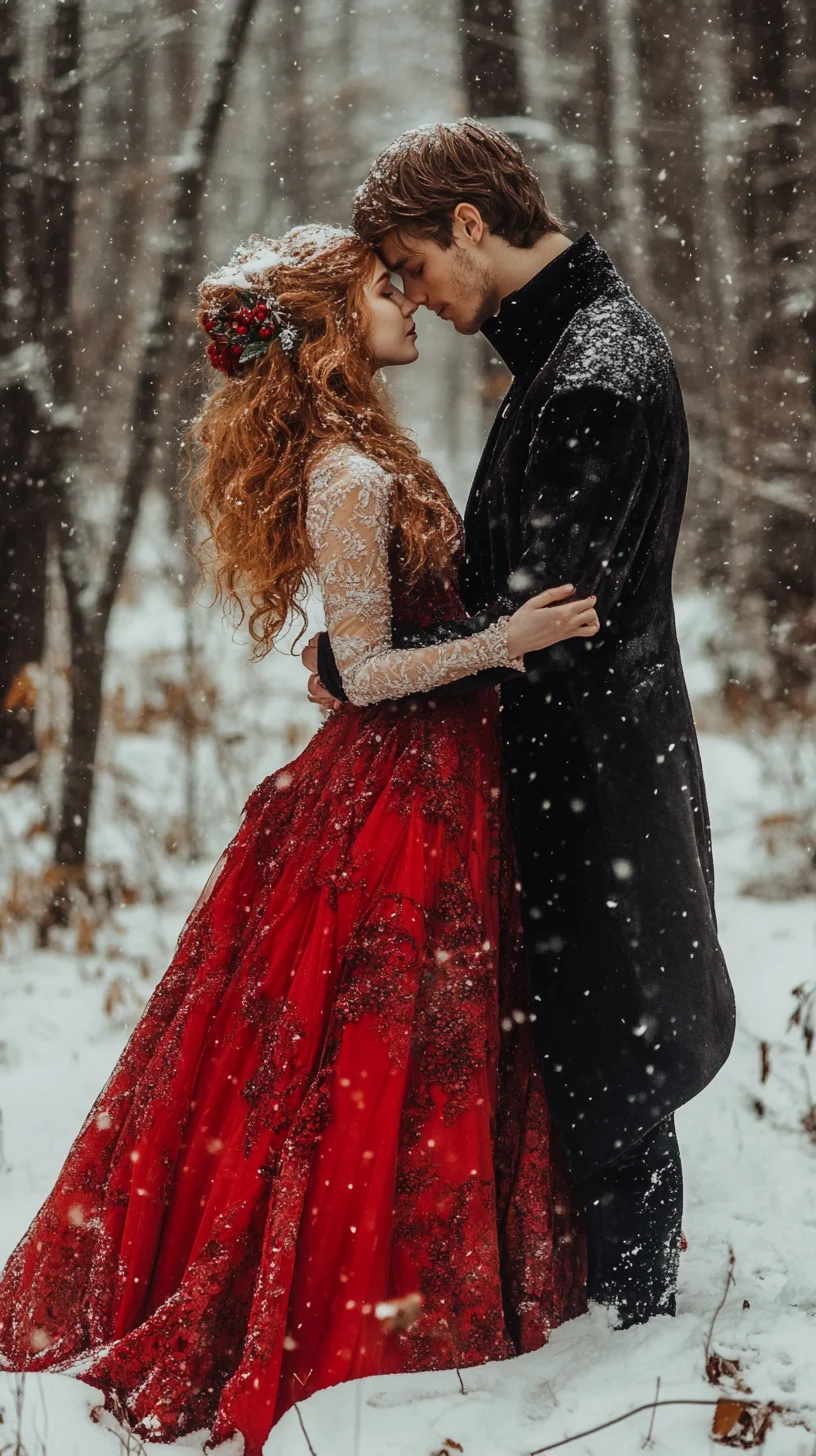 Enchanting Winter Romance: A Stunning Red Gown and Elegant Outerwear Ensemble