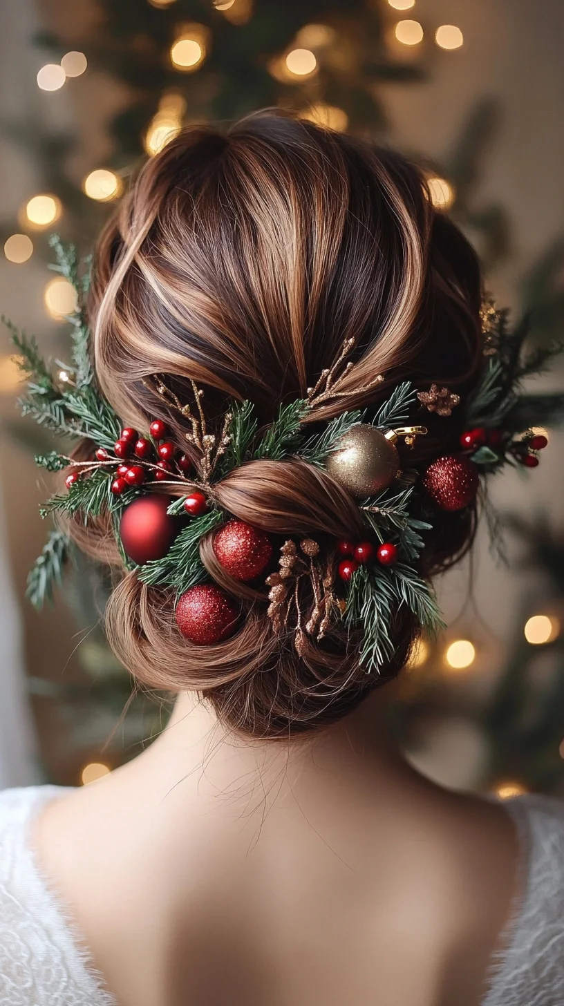 Festive Elegance: A Beautiful Holiday Updo with Nature-Inspired Accessories