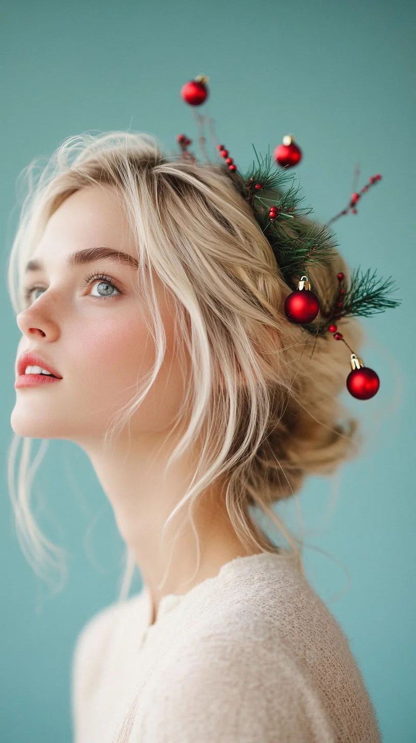 Festive Elegance: A Whimsical Holiday Updo with Nature's Touch