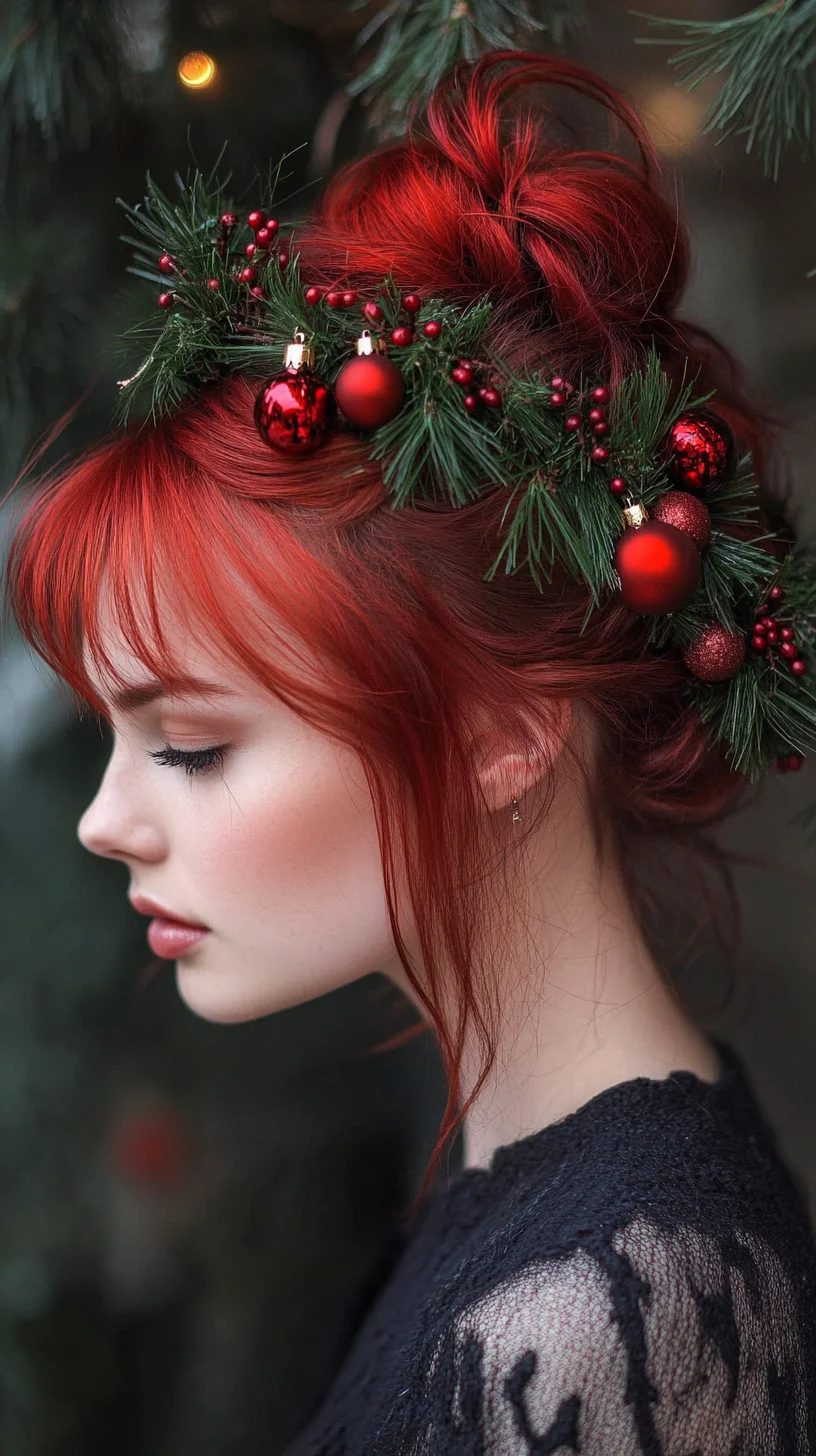 Festive Elegance: The Charming Red Updo with Holiday Accents