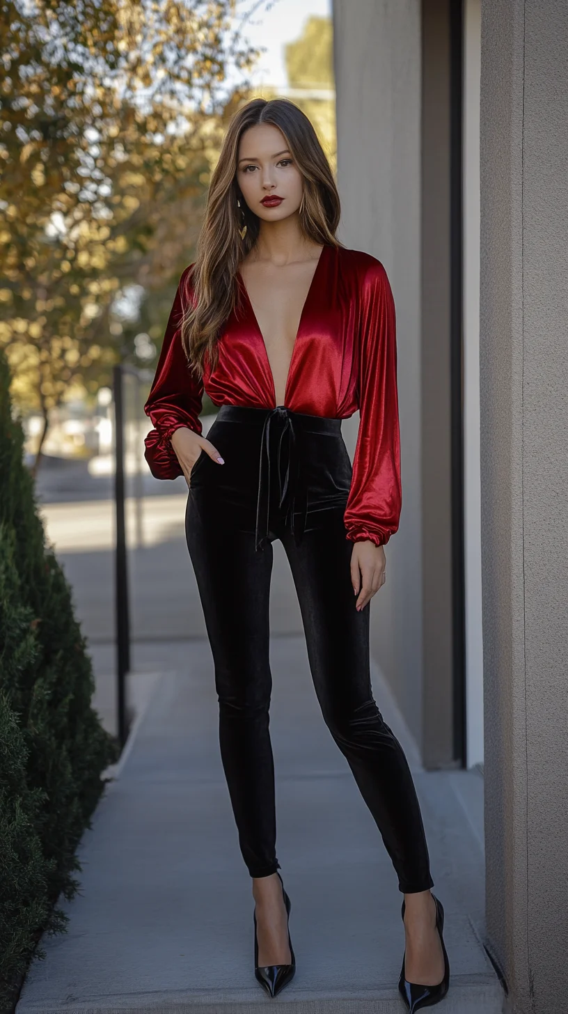 Glamorous Elegance: Rock a Bold Red Blouse with Sleek Black Leggings