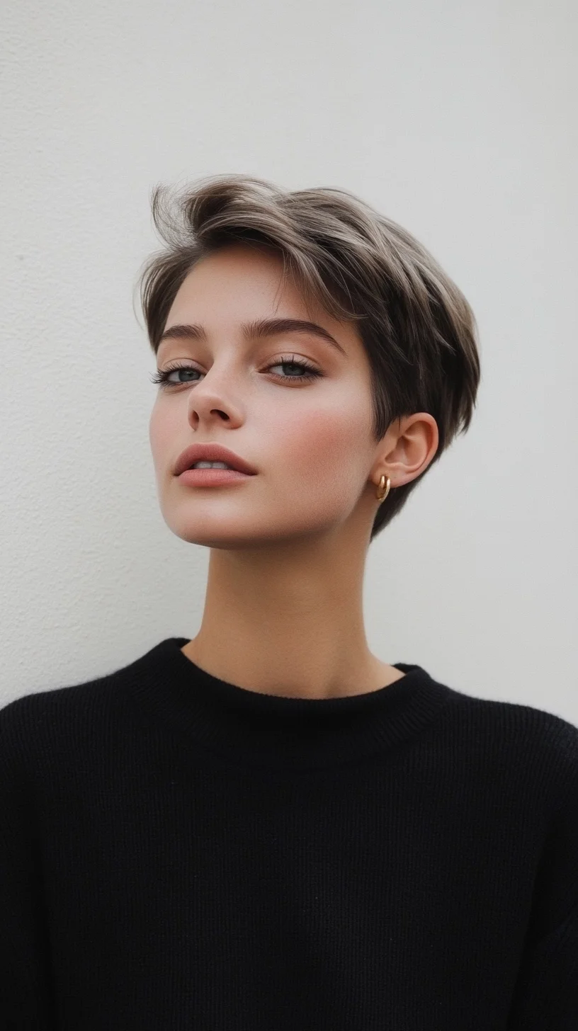 Heading: Chic Pixie Cut with Subtle Highlights for Effortless Glam