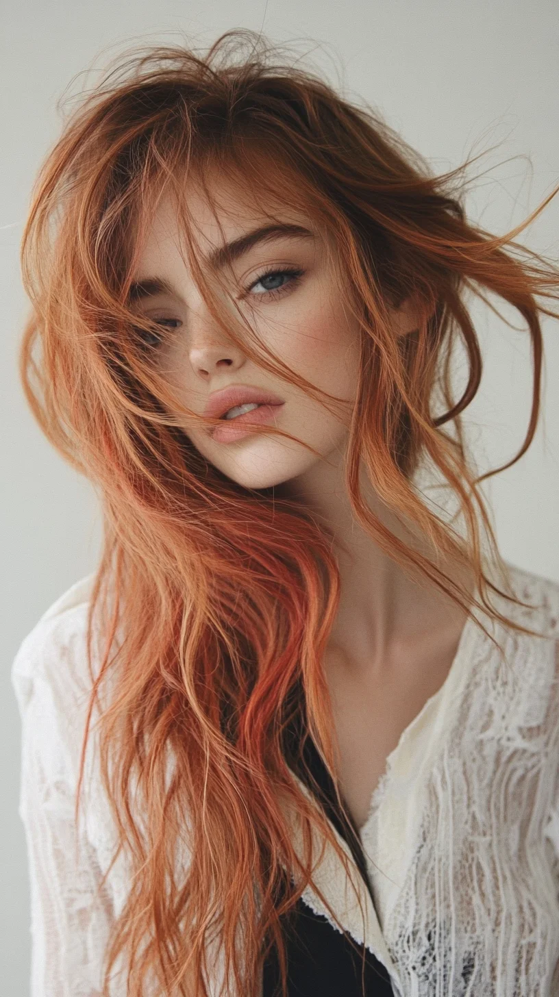 Heading: Effortlessly Chic: A Flowing Fiery Mane for the Bold and Beautiful