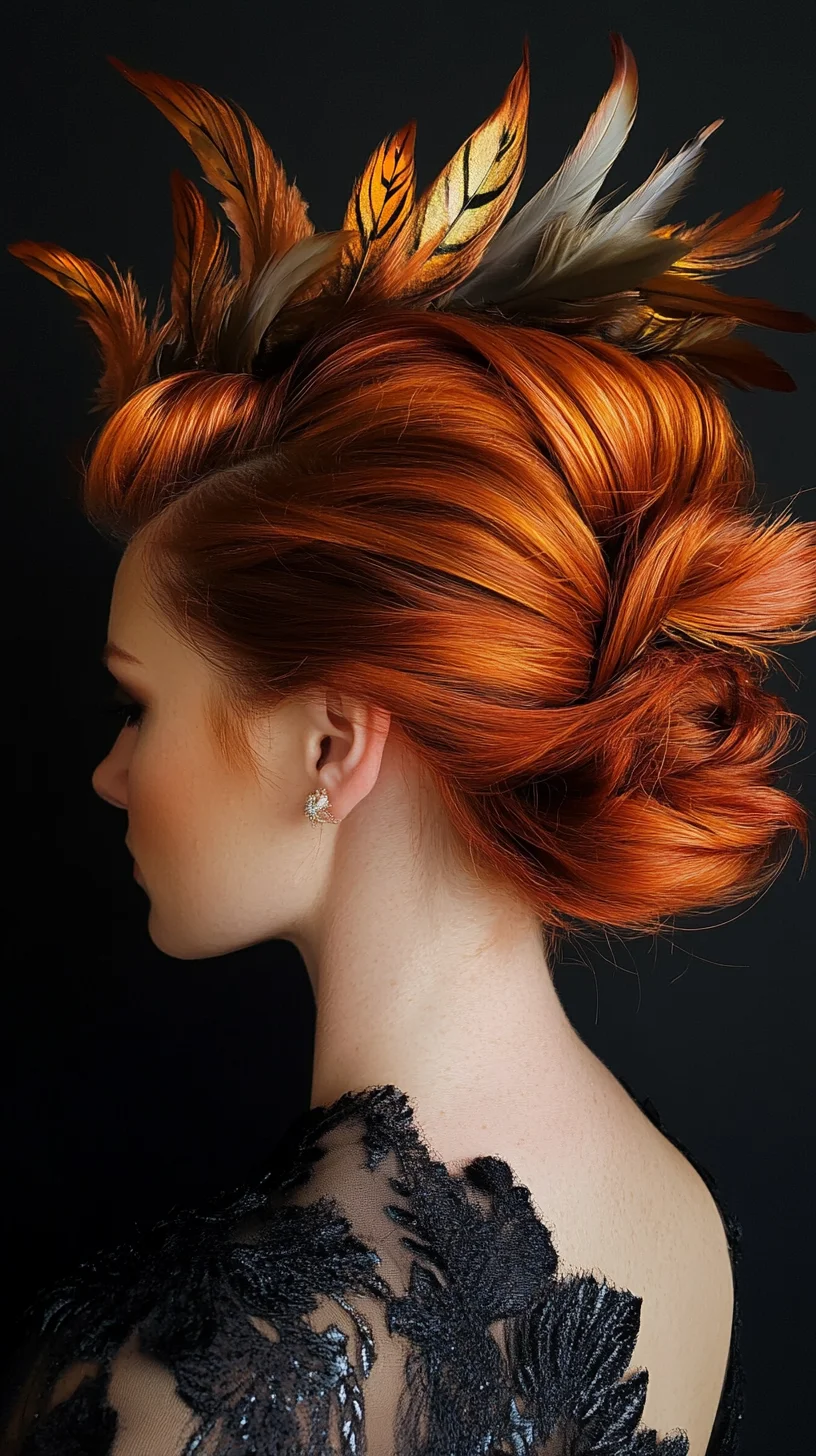 Irresistible Feathered Updo: A Bold Statement in Vibrant Orange