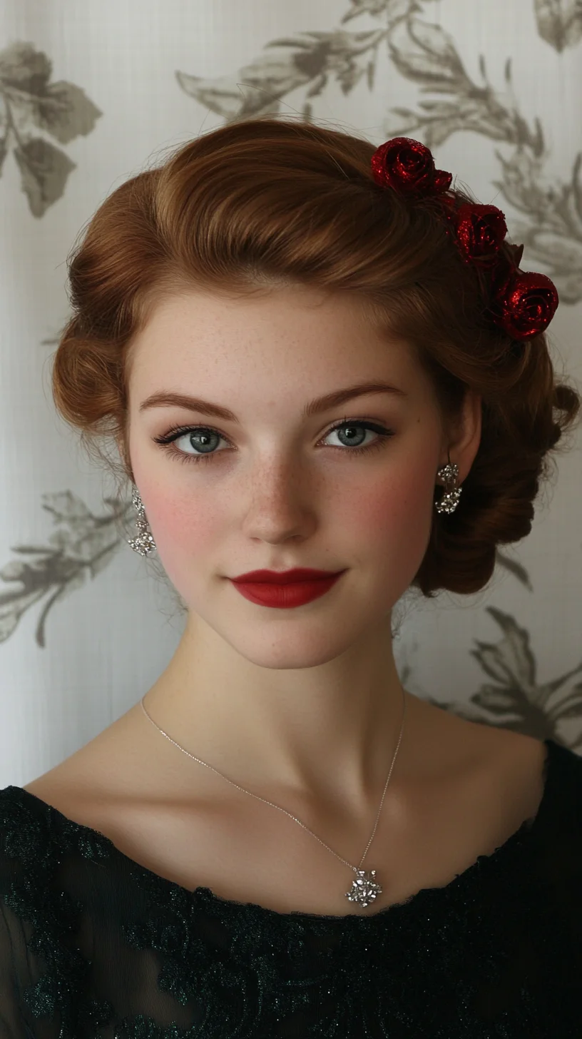 Timeless Vintage Glam: Elegant Curls Adorned with Floral Accents