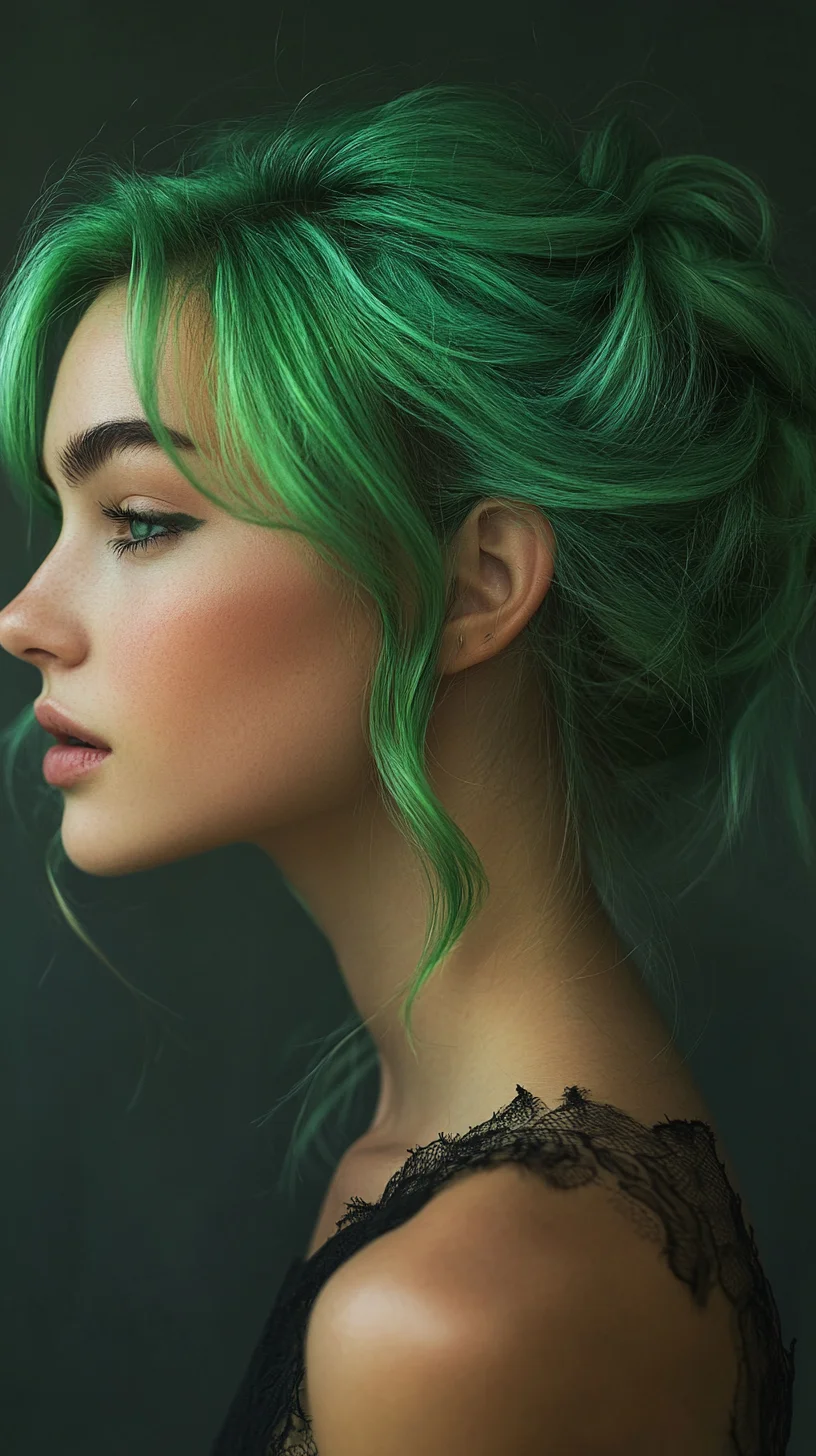 Vibrant Green Updo: Bold Elegance with a Whimsical Twist