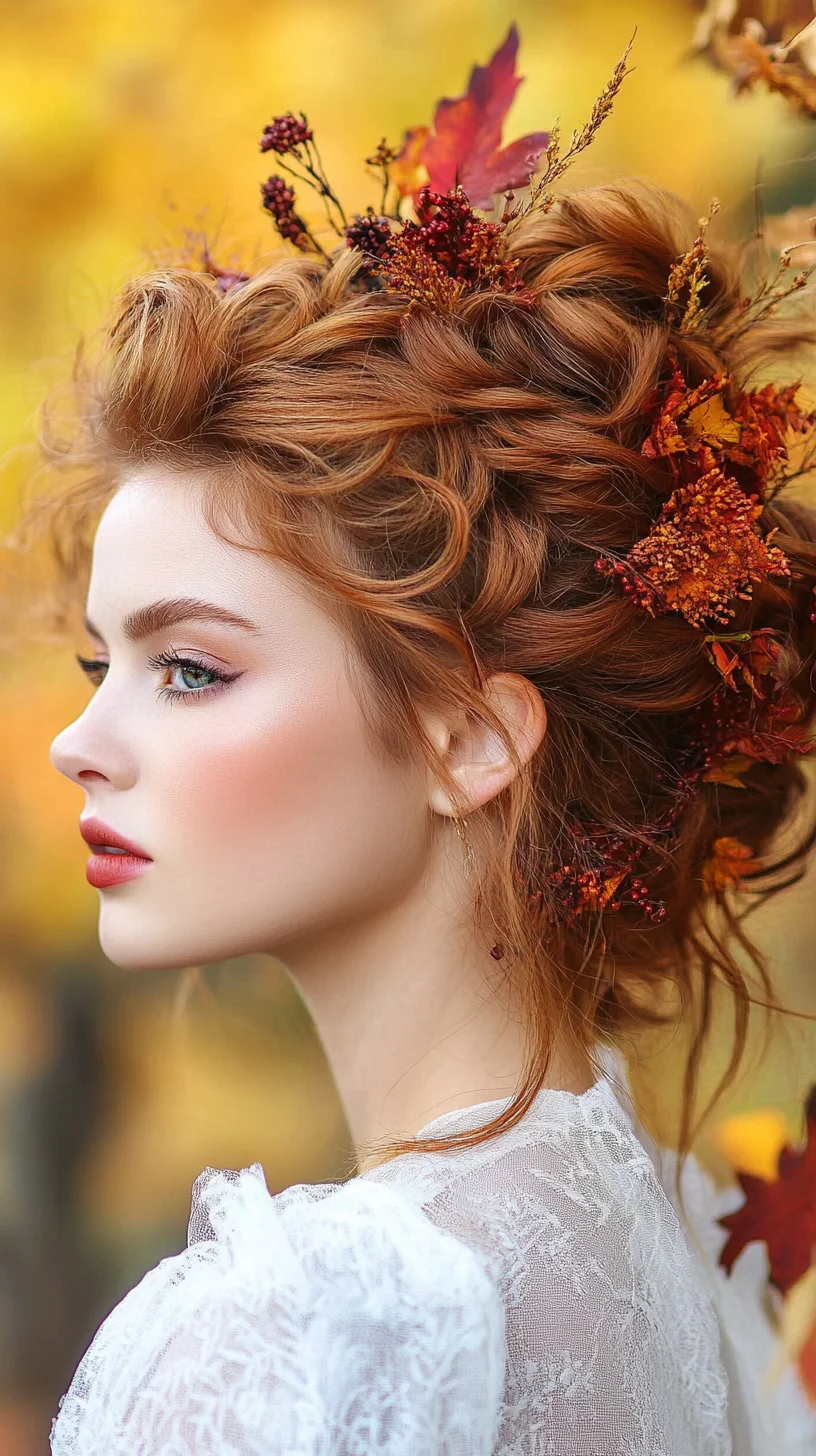 Whimsical Autumn Elegance: A Romantic Updo with Nature-Inspired Accents