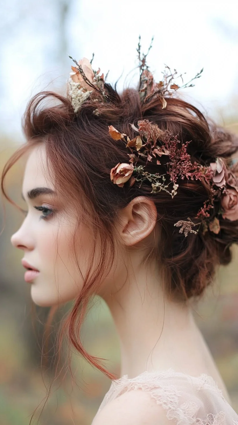 Whimsical Boho Updo with Floral Accents for Effortless Elegance