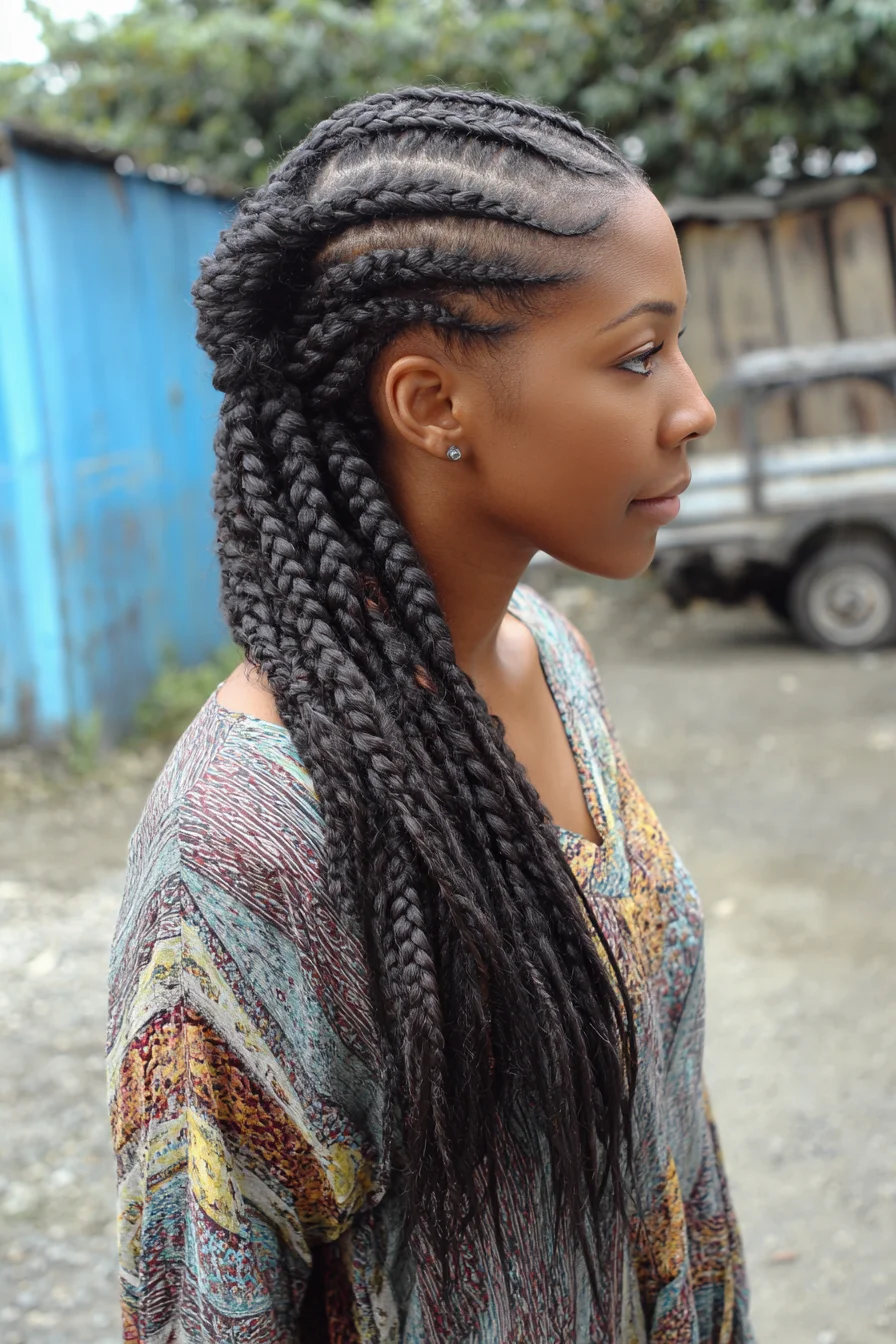 Asymmetric Feed-In Cornrows Transitioning to Long Box Braids
