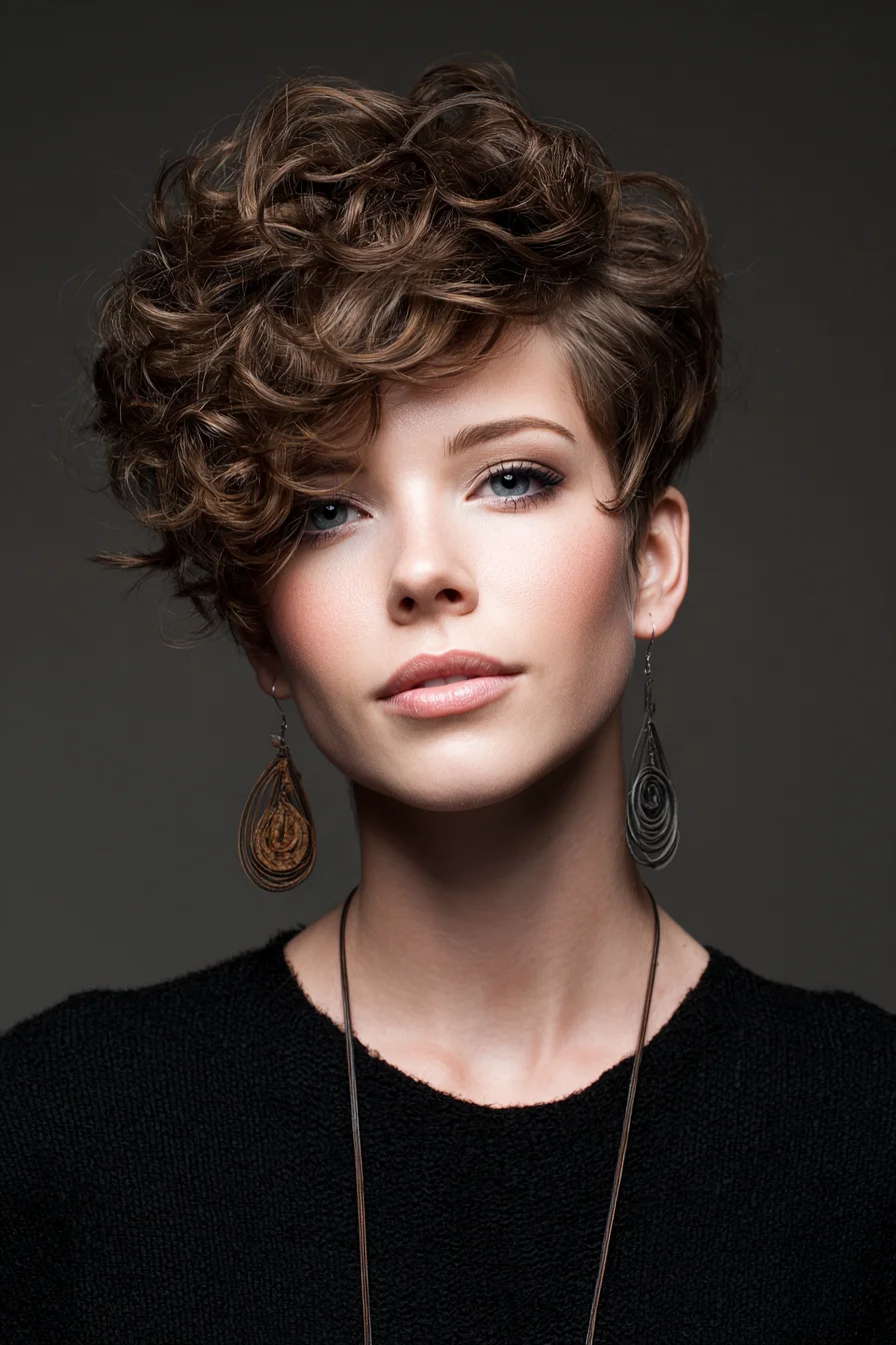 Asymmetrical Curly Pixie with Voluminous Texture