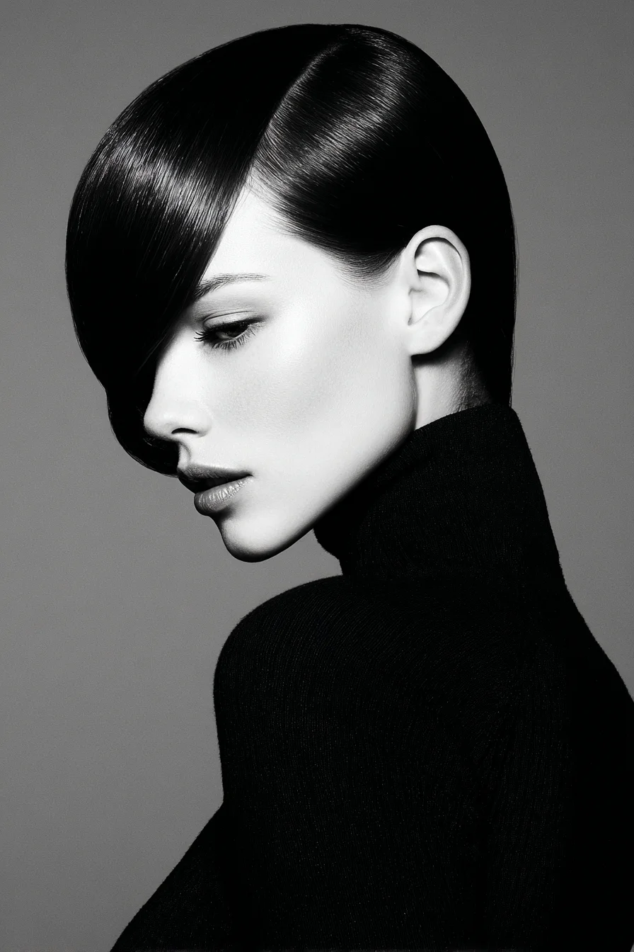 Asymmetrical Sleek Bob with Deep Side Part and Glossy Finish