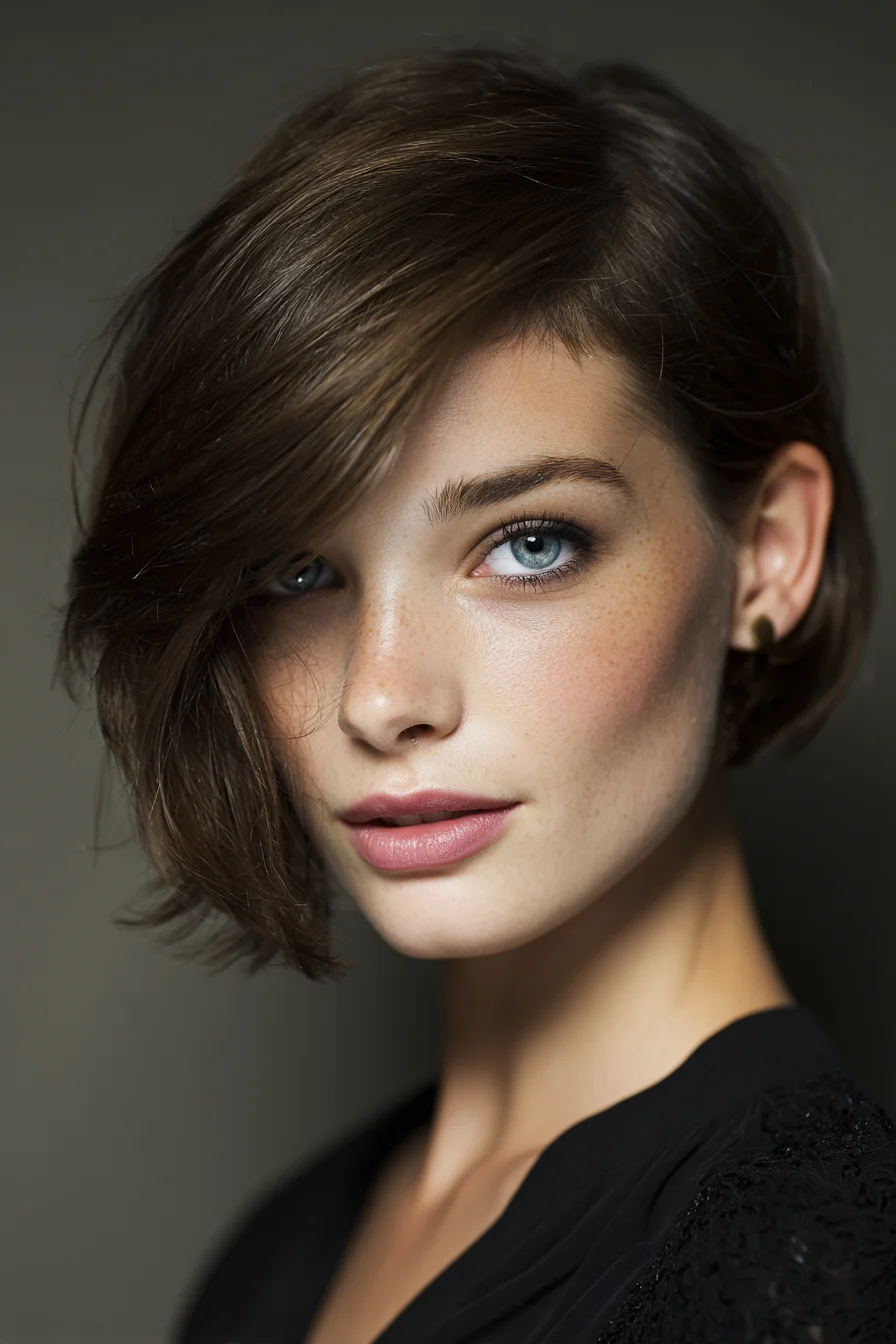 Asymmetrical Textured Chin-Length Bob with Side-Swept Fringe