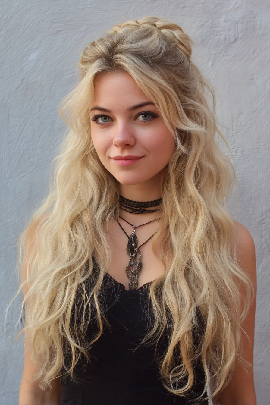 Beachy Half-Up Braided Crown for Long Blonde Waves