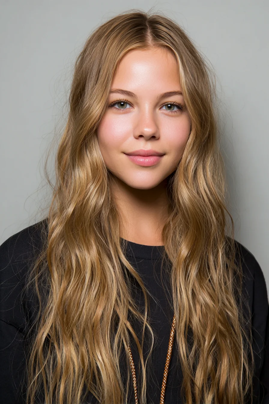 Beachy Long Waves with Center Part and Natural Balayage