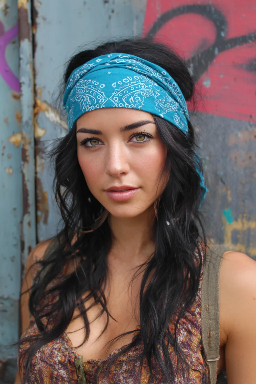 Boho Bandana Style — Loose Beach Waves for Long Dark Hair