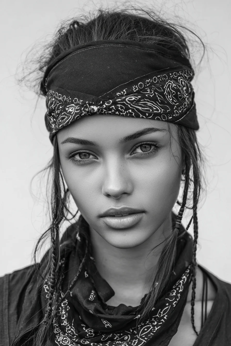 Boho Bandana Updo with Face‑Framing Micro Braids — Textured Messy Style