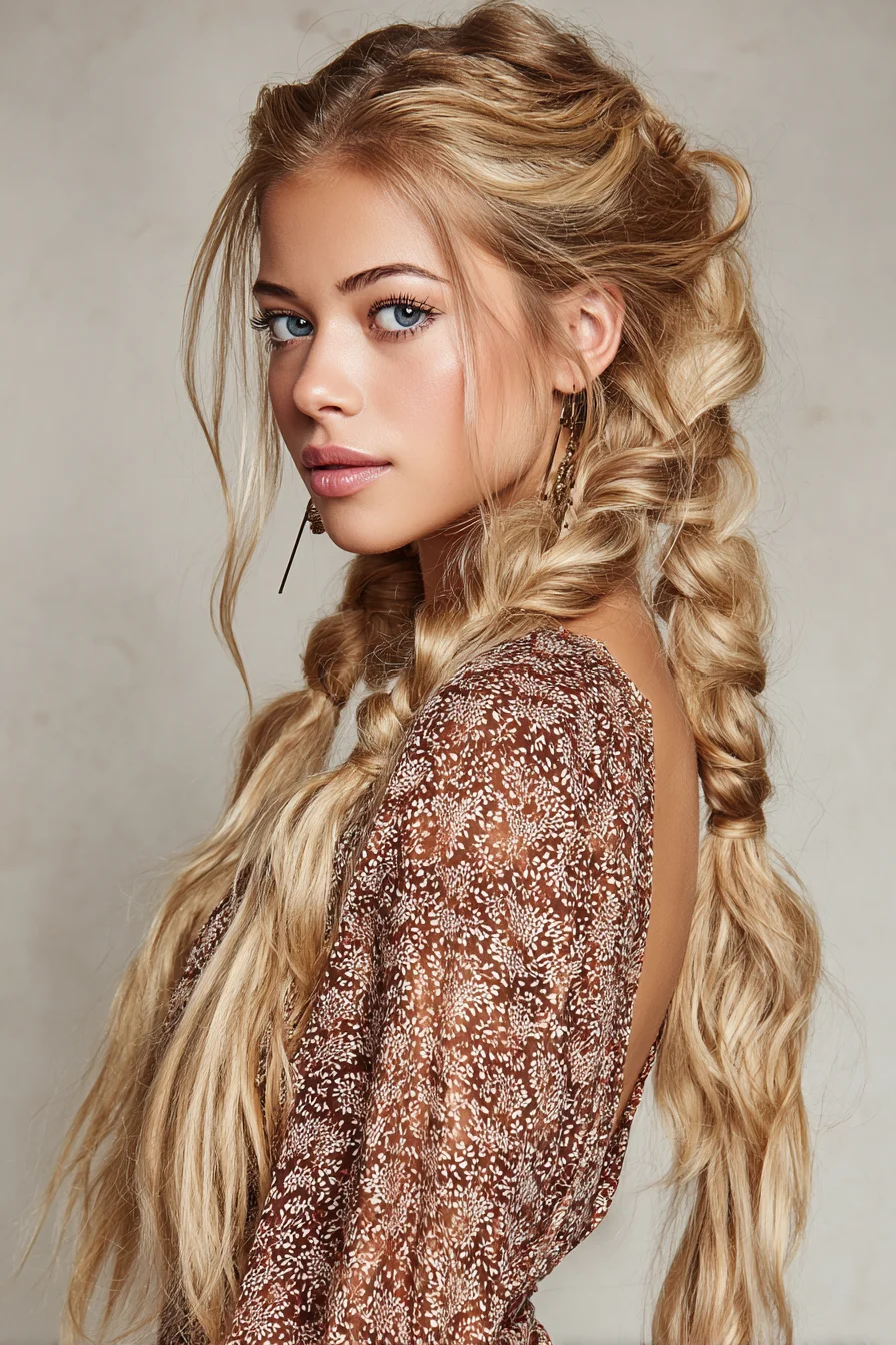 Boho Chunky Double Braids with Soft Face‑Framing Pieces