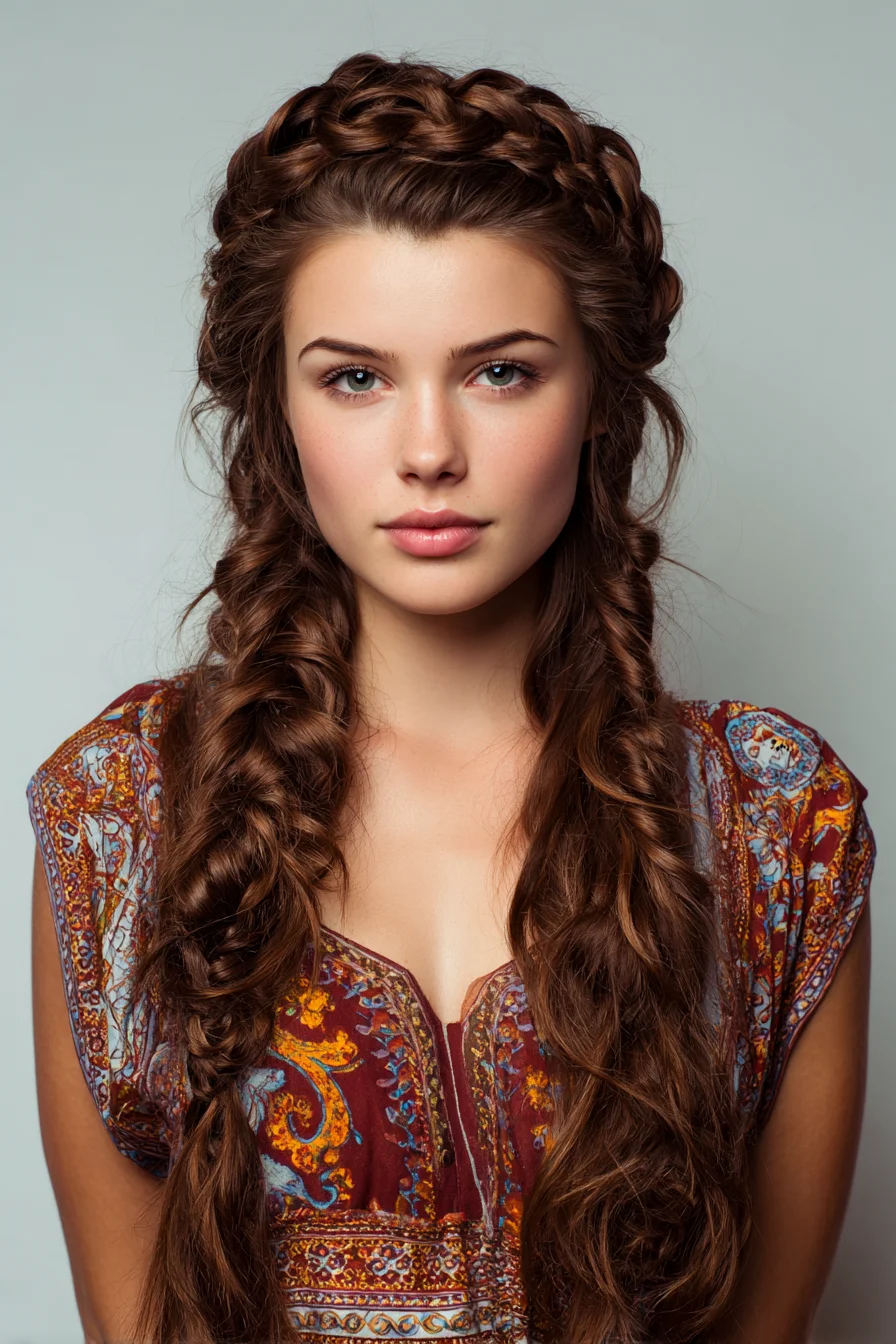 Boho Crown Braid with Loose Textured Double Braids