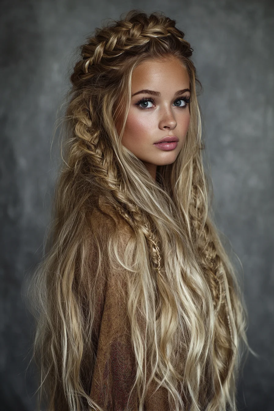 Boho Crown Braids with Textured Loose Waves