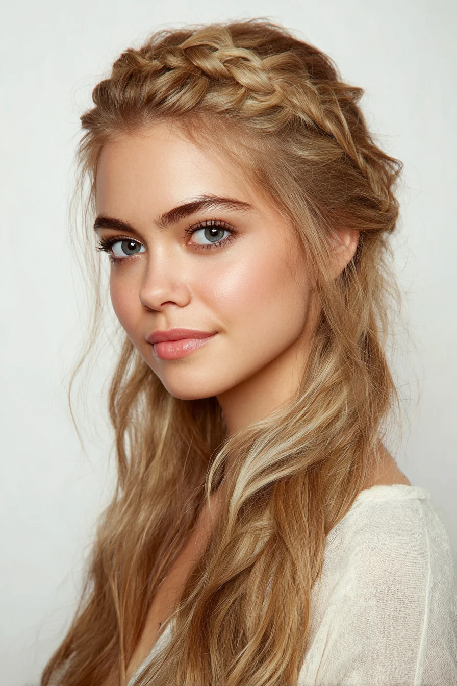 Boho Crown Dutch Braid with Loose Textured Waves — Half-Up Hairstyle