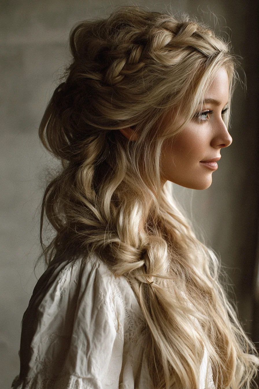 Boho Crown French Braid with Loose Wavy Side Braid — Long Hair Styling