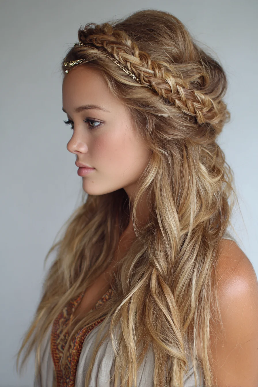 Boho Half‑Up Braided Crown with Beachy Waves