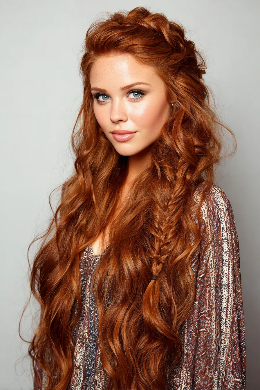 Boho Half-Up Crown with Loose Waves & Side Fishtail Braid