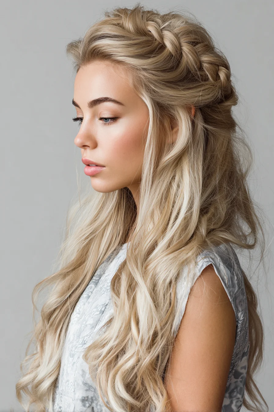 Boho Half-Up Dutch Crown Braid with Loose Beachy Waves