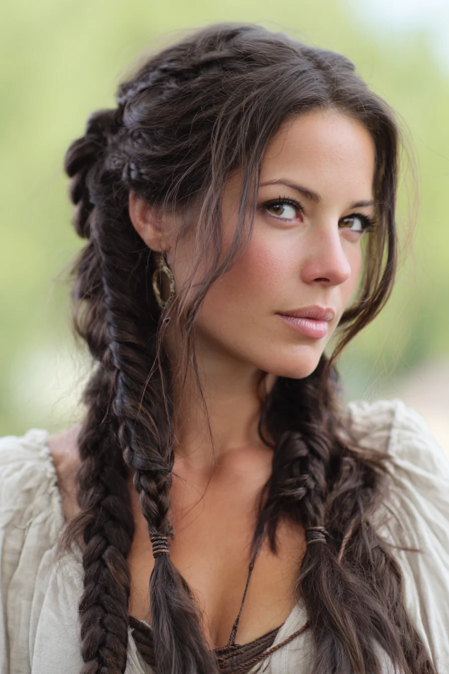 Boho Messy Double Braids with Face‑Framing Pieces