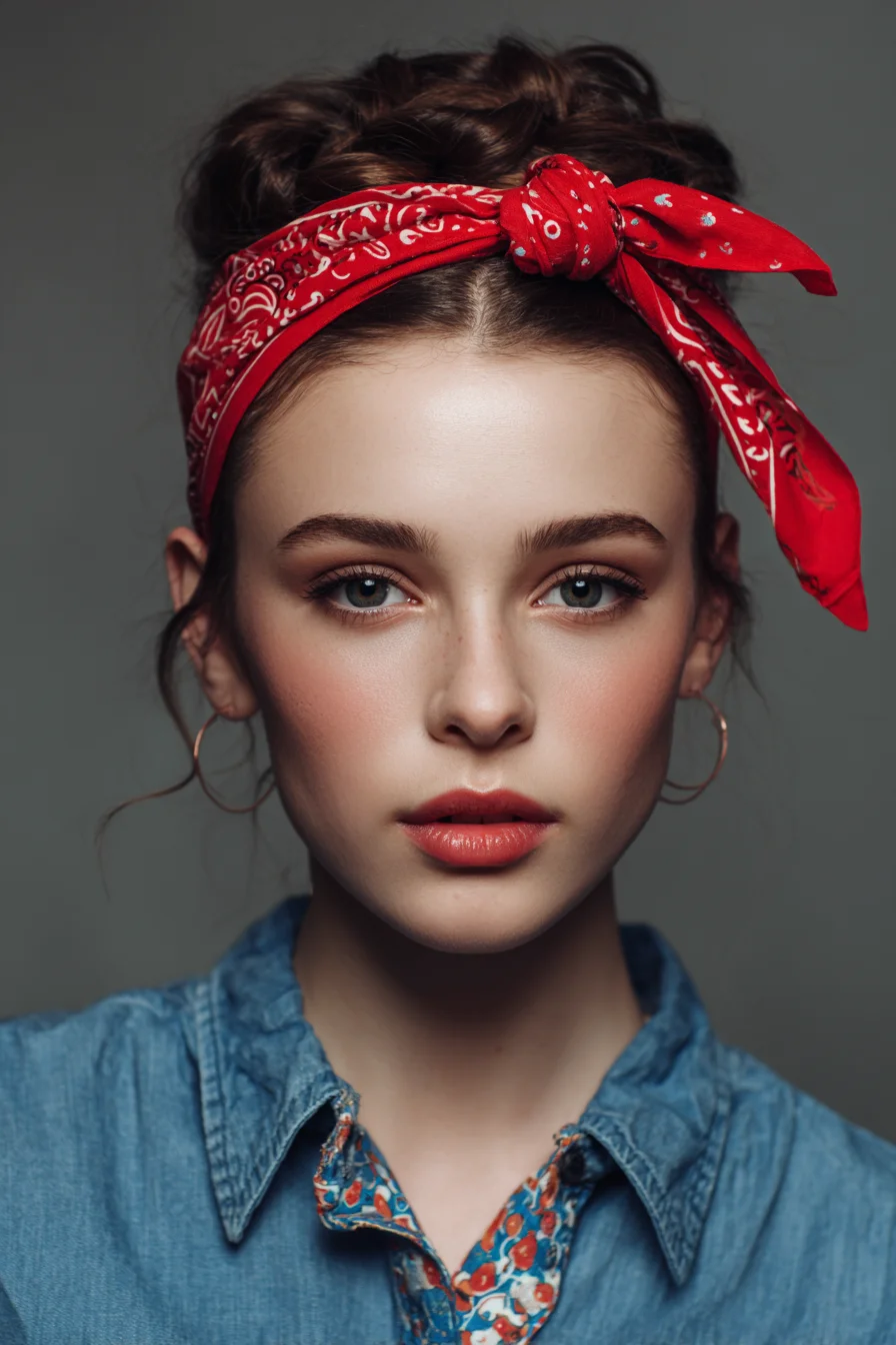 Braided Crown Bun with Bandana Headband and Face‑Framing Tendrils