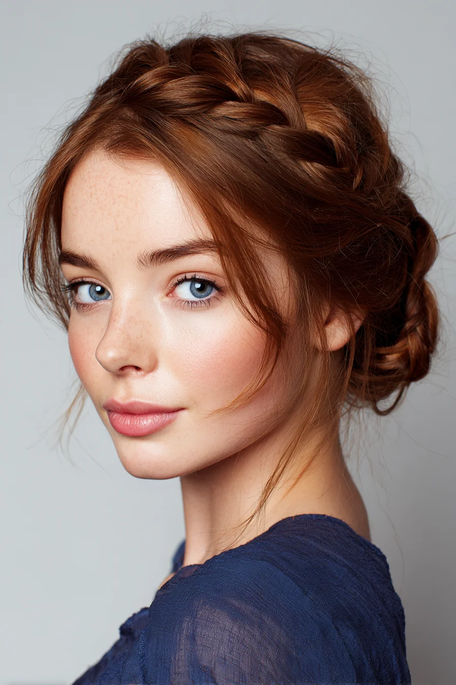 Braided Crown into Low Bun — Romantic Boho Updo for Medium‑Long Hair