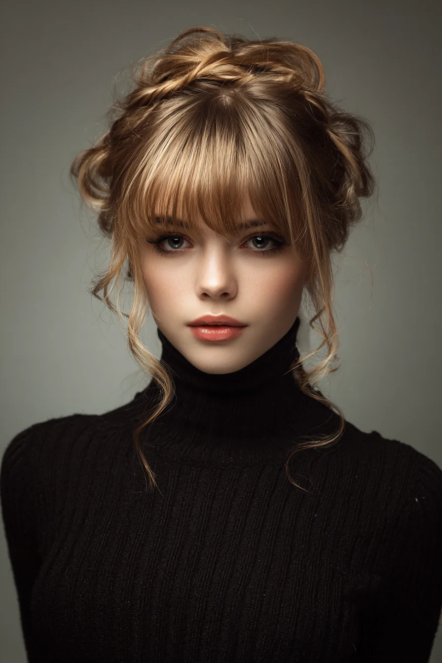 Braided Crown Updo with Soft Face‑Framing Curls and Full Blunt Bangs